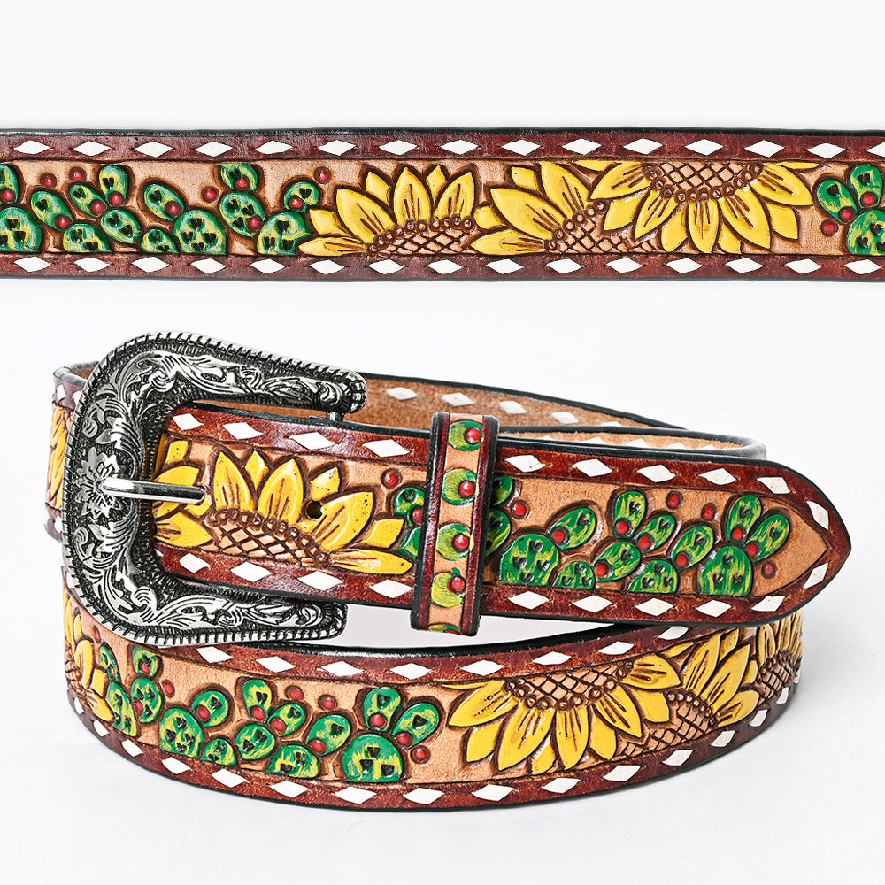 LC-ADBLF106 Hand-Painted Sunflower & Cactus Tooled Leather Western Belt with Engraved Buckle
