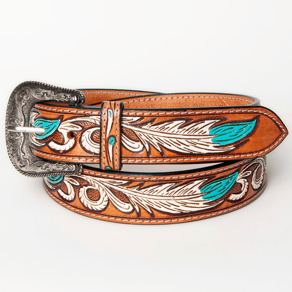 ADBLF107 Hand-Tooled Feather Western Leather Belt White & Turquoise with Engraved Buckle