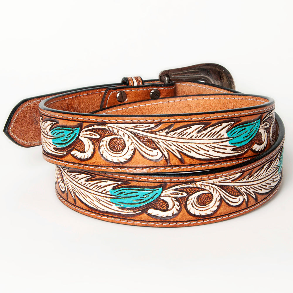 ADBLF107 Hand-Tooled Feather Western Leather Belt White & Turquoise with Engraved Buckle