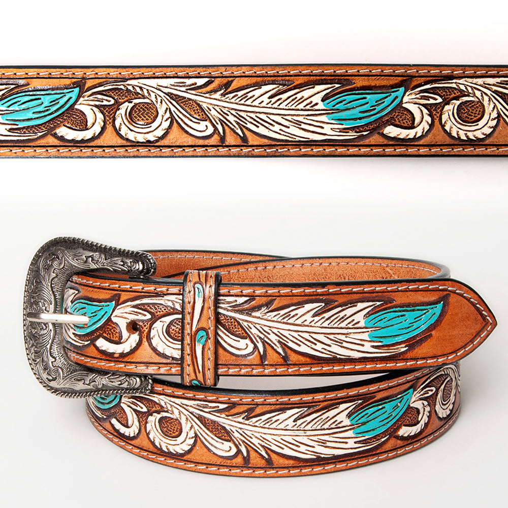 ADBLF107 Hand-Tooled Feather Western Leather Belt White & Turquoise with Engraved Buckle