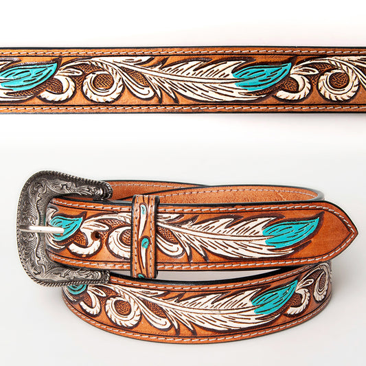 ADBLF107 Hand-Tooled Feather Western Leather Belt White & Turquoise with Engraved Buckle