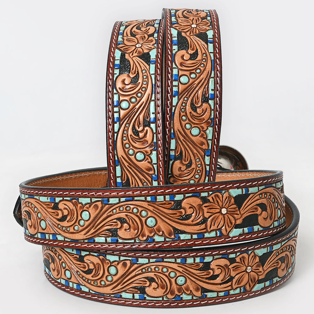 LC-ADBLF108 Hand-Tooled Floral Western Leather Belt with Blue Mosaic Border & Engraved Buckle