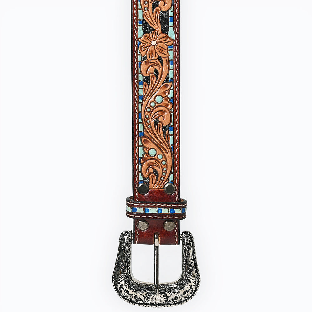 LC-ADBLF108 Hand-Tooled Floral Western Leather Belt with Blue Mosaic Border & Engraved Buckle