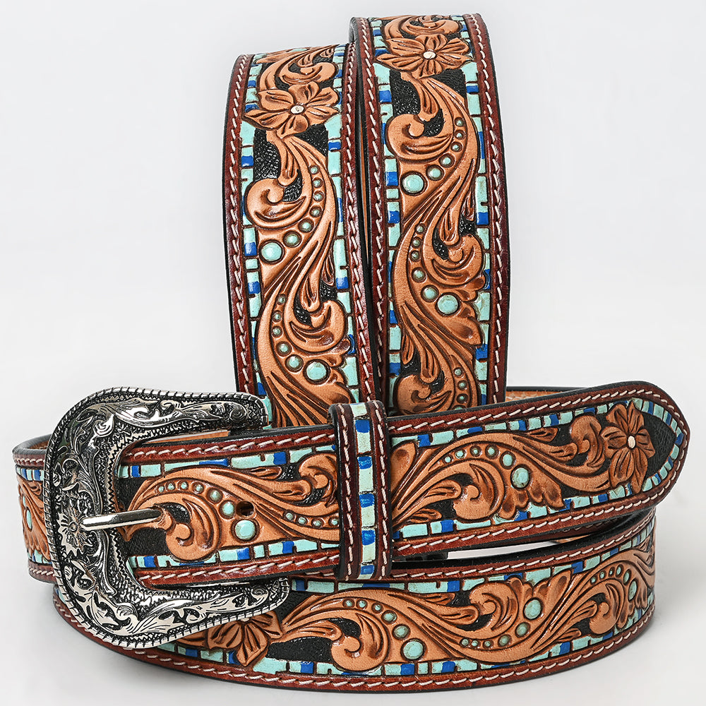LC-ADBLF108 Hand-Tooled Floral Western Leather Belt with Blue Mosaic Border & Engraved Buckle