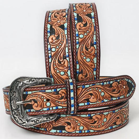 LC-ADBLF108 Hand-Tooled Floral Western Leather Belt with Blue Mosaic Border & Engraved Buckle
