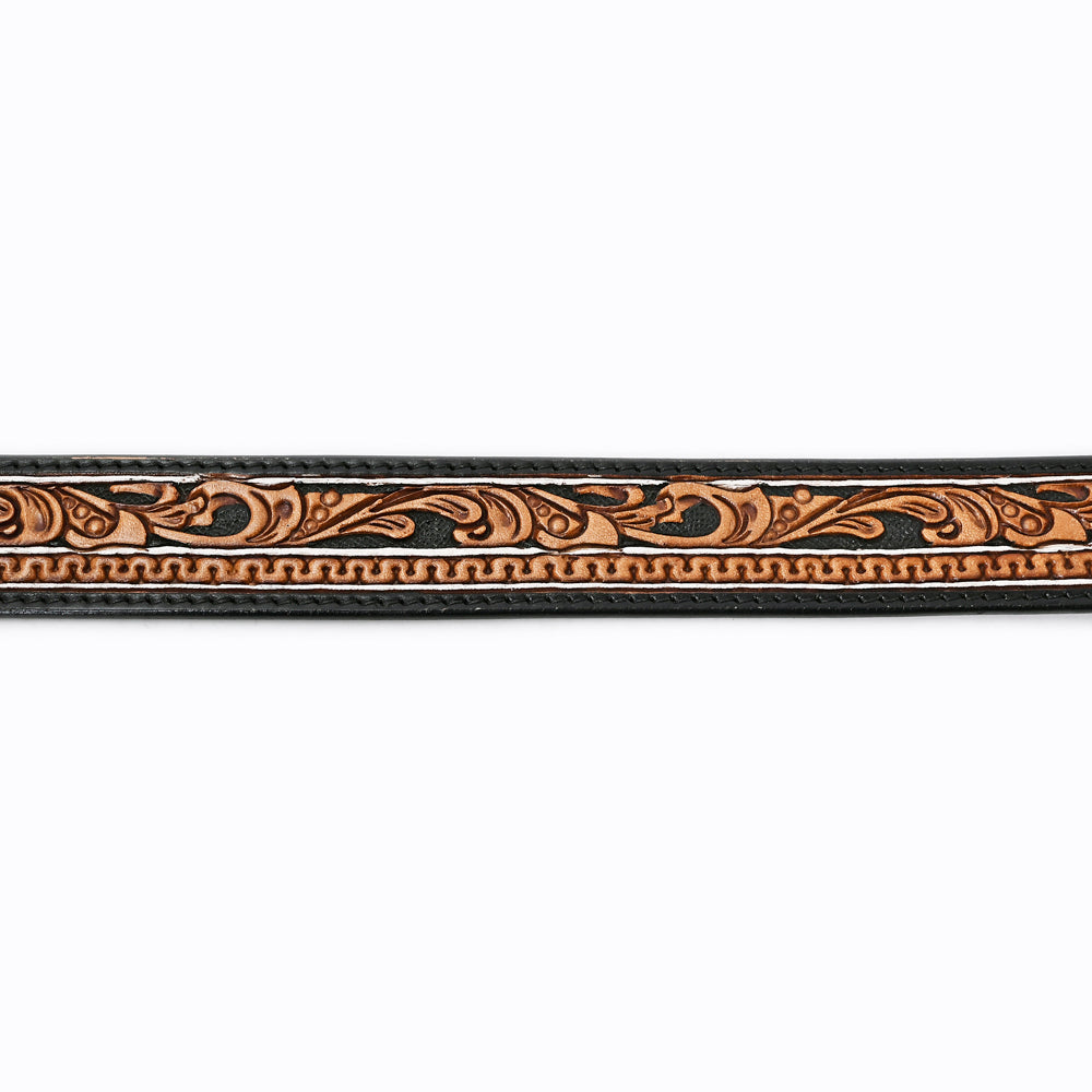 ADBLF109 Tooled Western Leather Belt - Black & Tan with Scrollwork and Silver Buckle