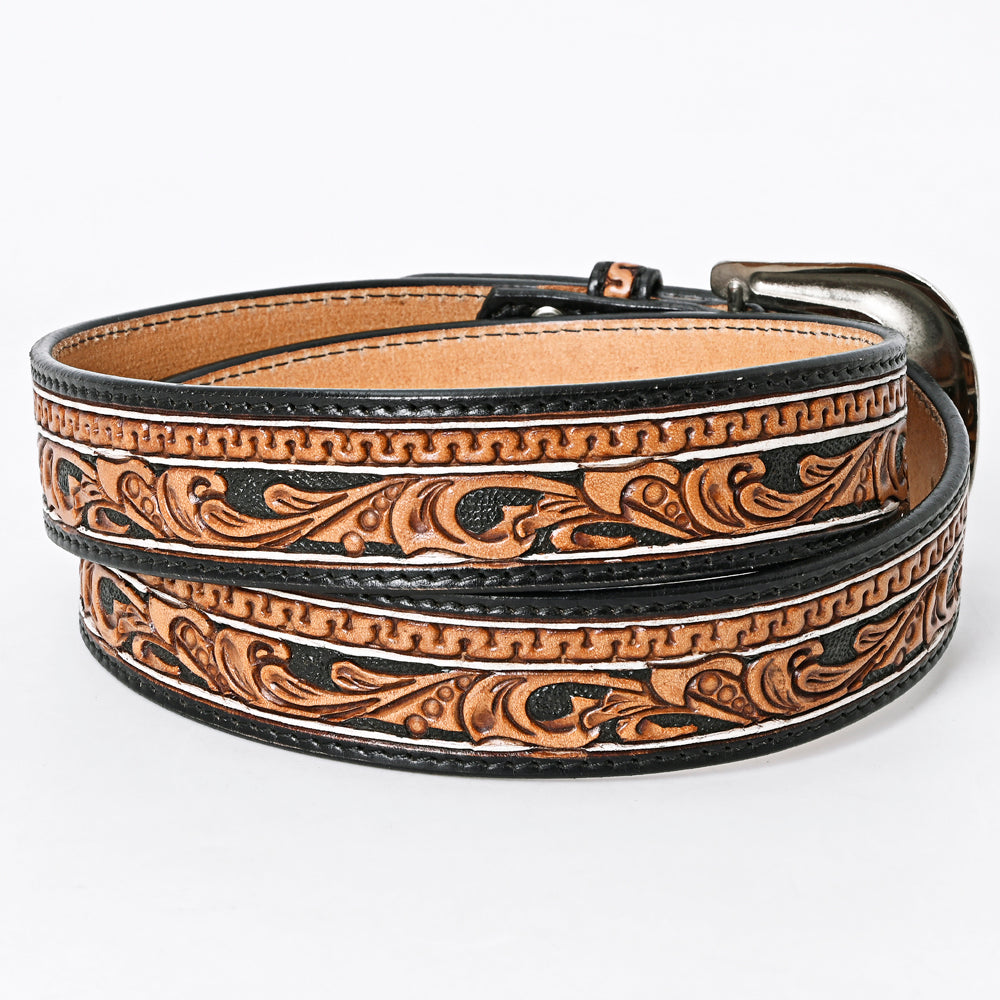 ADBLF109 Tooled Western Leather Belt - Black & Tan with Scrollwork and Silver Buckle