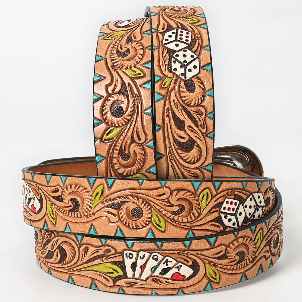 LC-ADBLF149 Tooled Leather Western Belt - Poker & Dice Motif with Turquoise Accents