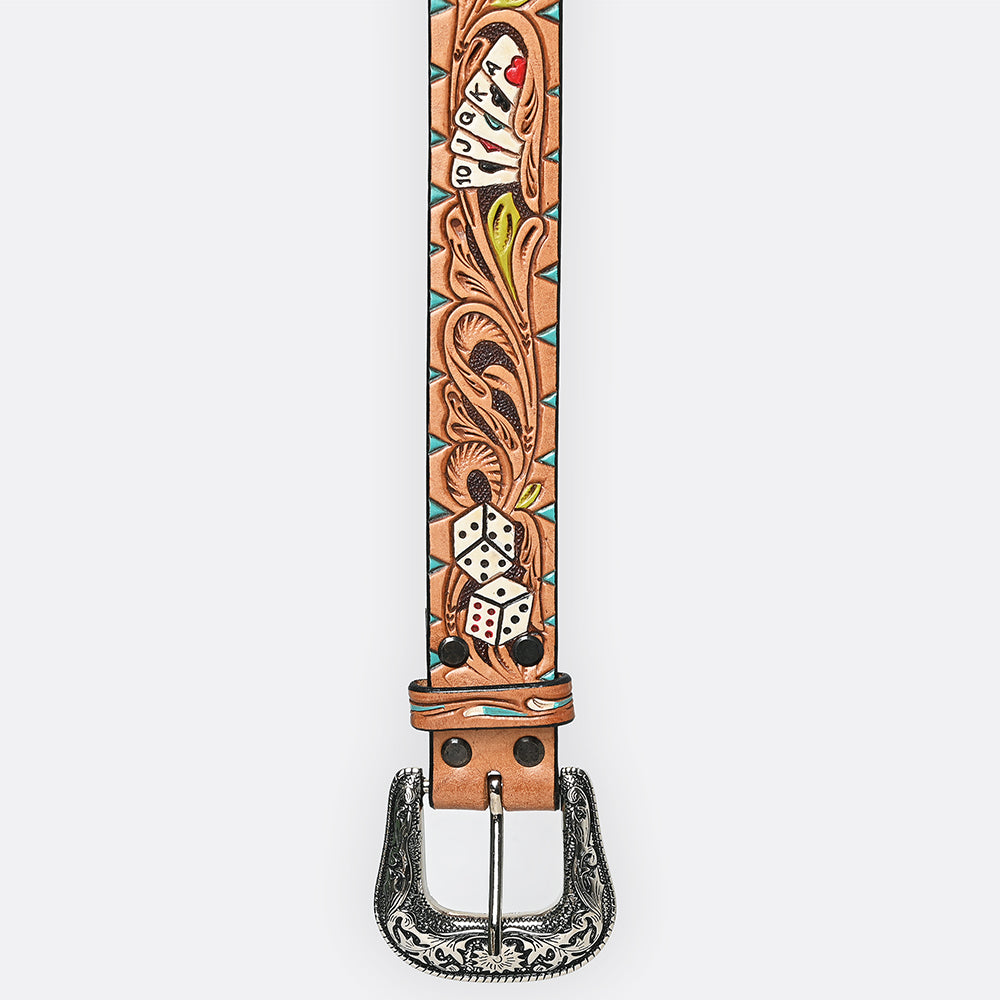 LC-ADBLF149 Tooled Leather Western Belt - Poker & Dice Motif with Turquoise Accents