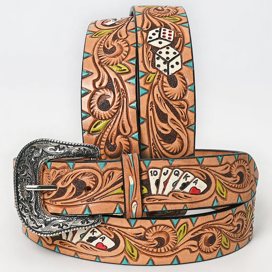 LC-ADBLF149 Tooled Leather Western Belt - Poker & Dice Motif with Turquoise Accents