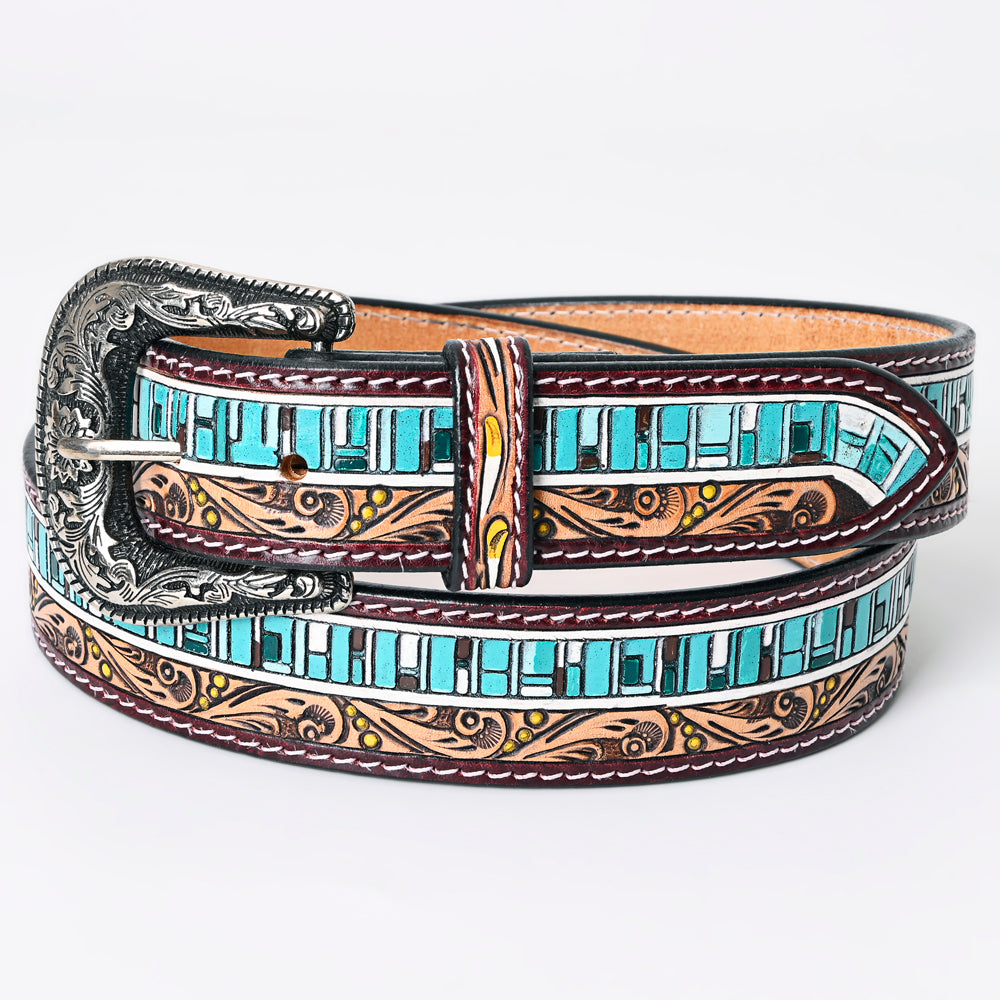 LC-ADBLF153 Hand-Tooled Leather Belt - Turquoise Mosaic & Scroll Carving Design