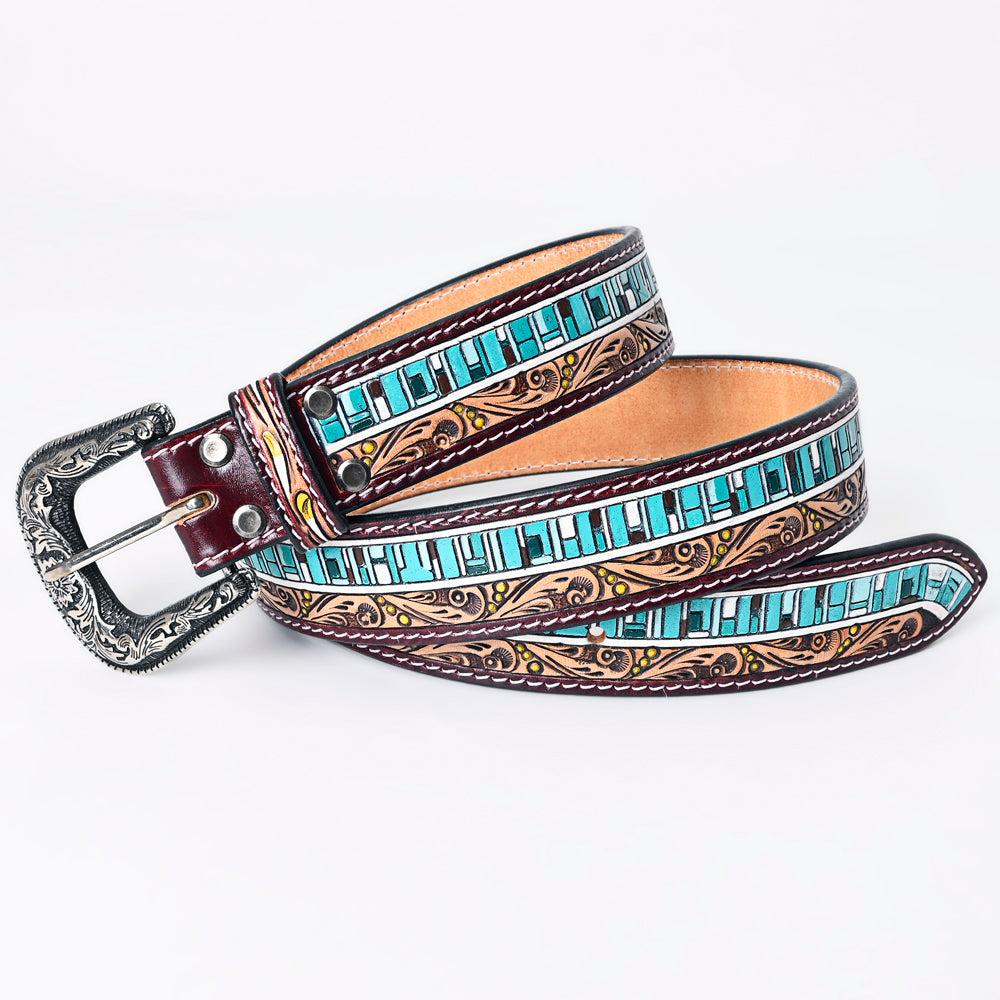 LC-ADBLF153 Hand-Tooled Leather Belt - Turquoise Mosaic & Scroll Carving Design