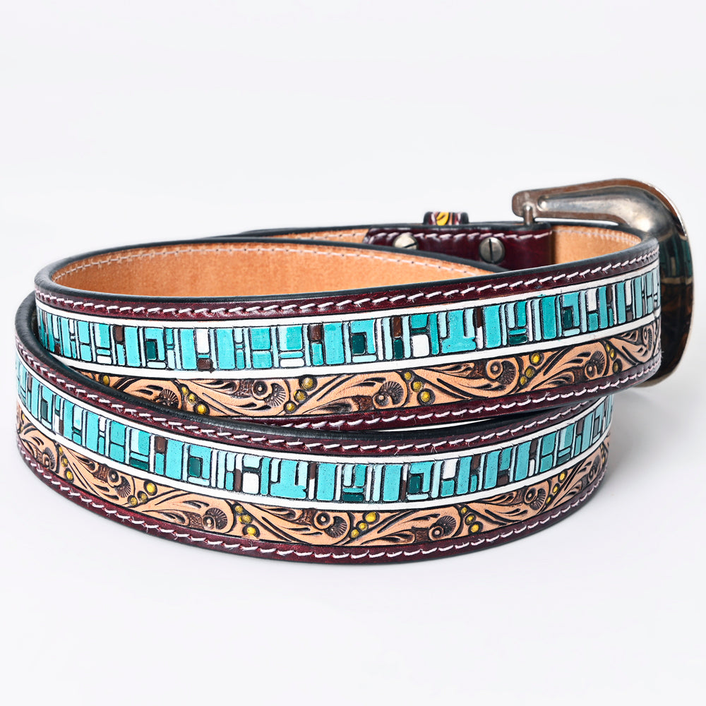 LC-ADBLF153 Hand-Tooled Leather Belt - Turquoise Mosaic & Scroll Carving Design