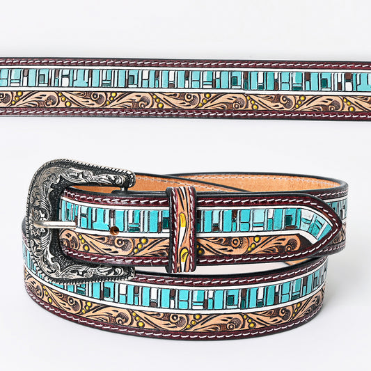 LC-ADBLF153 Hand-Tooled Leather Belt - Turquoise Mosaic & Scroll Carving Design