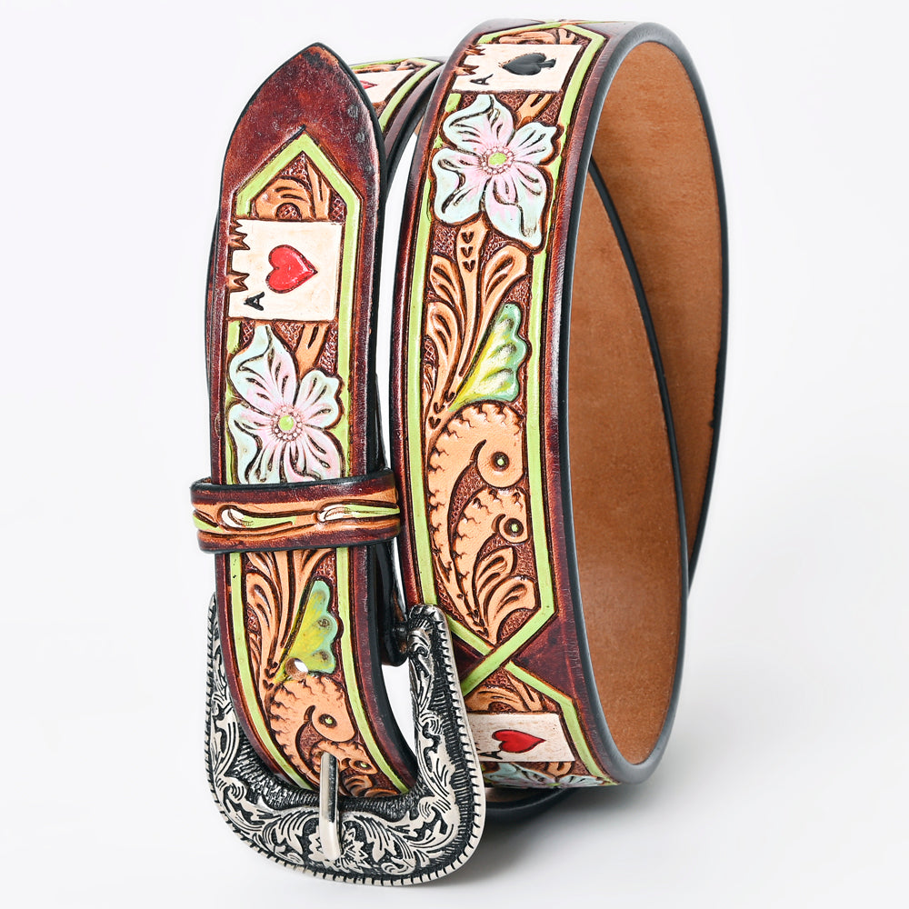 LC-ADBLF156 Tooled Leather Belt - Poker Card Floral Design with Hand-Painted Accents