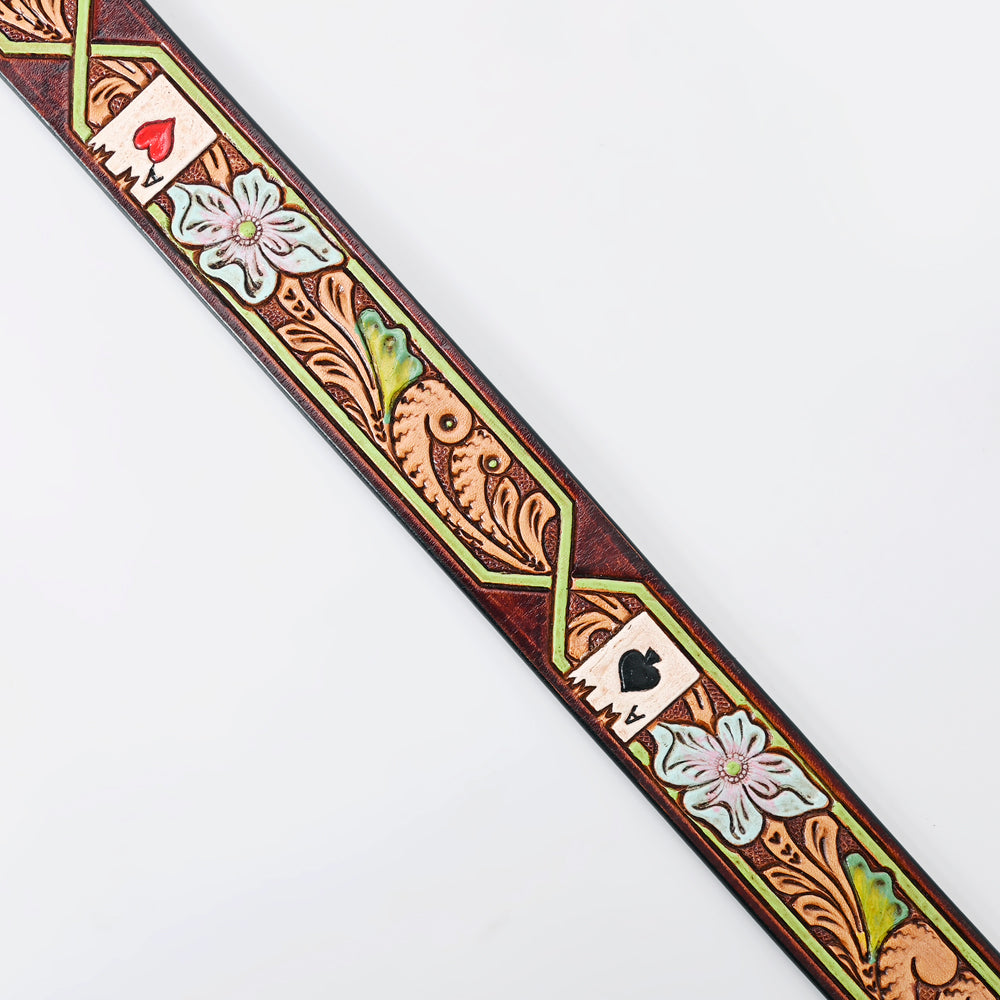 LC-ADBLF156 Tooled Leather Belt - Poker Card Floral Design with Hand-Painted Accents