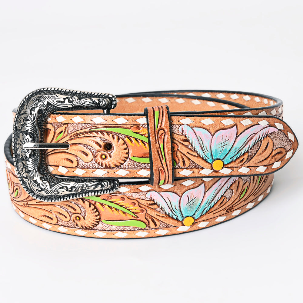 LC-ADBLF159 Tooled Leather Western Belt - Pastel Blue & Pink Floral Design
