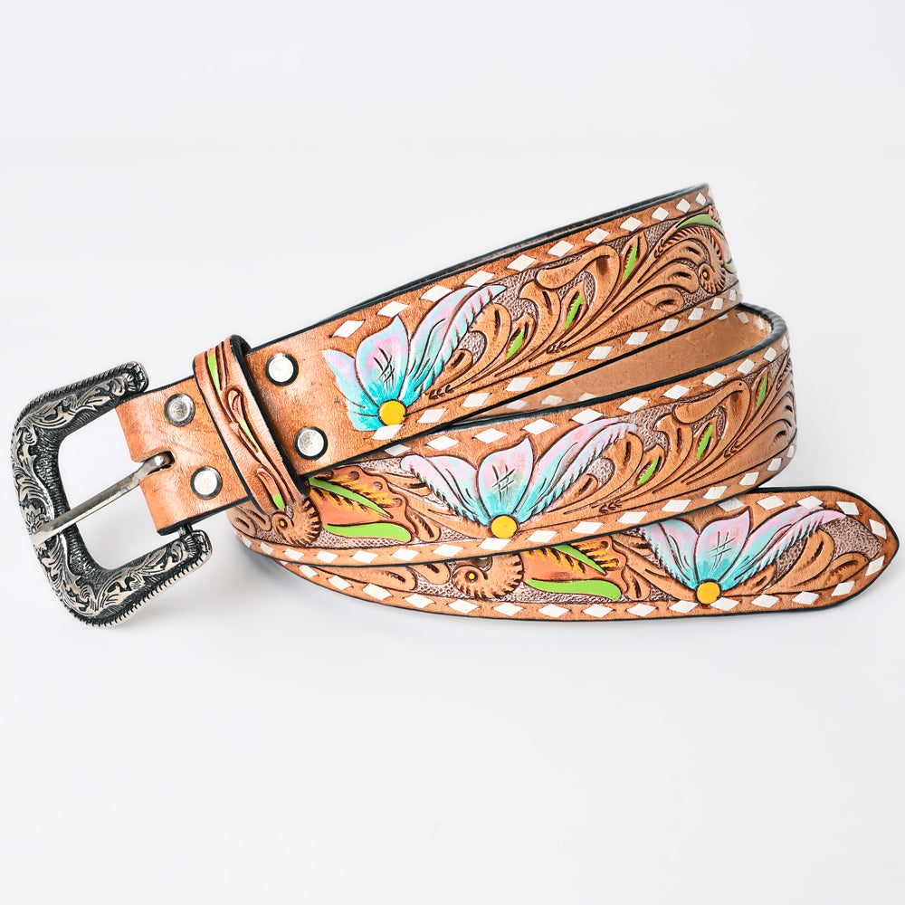 LC-ADBLF159 Tooled Leather Western Belt - Pastel Blue & Pink Floral Design
