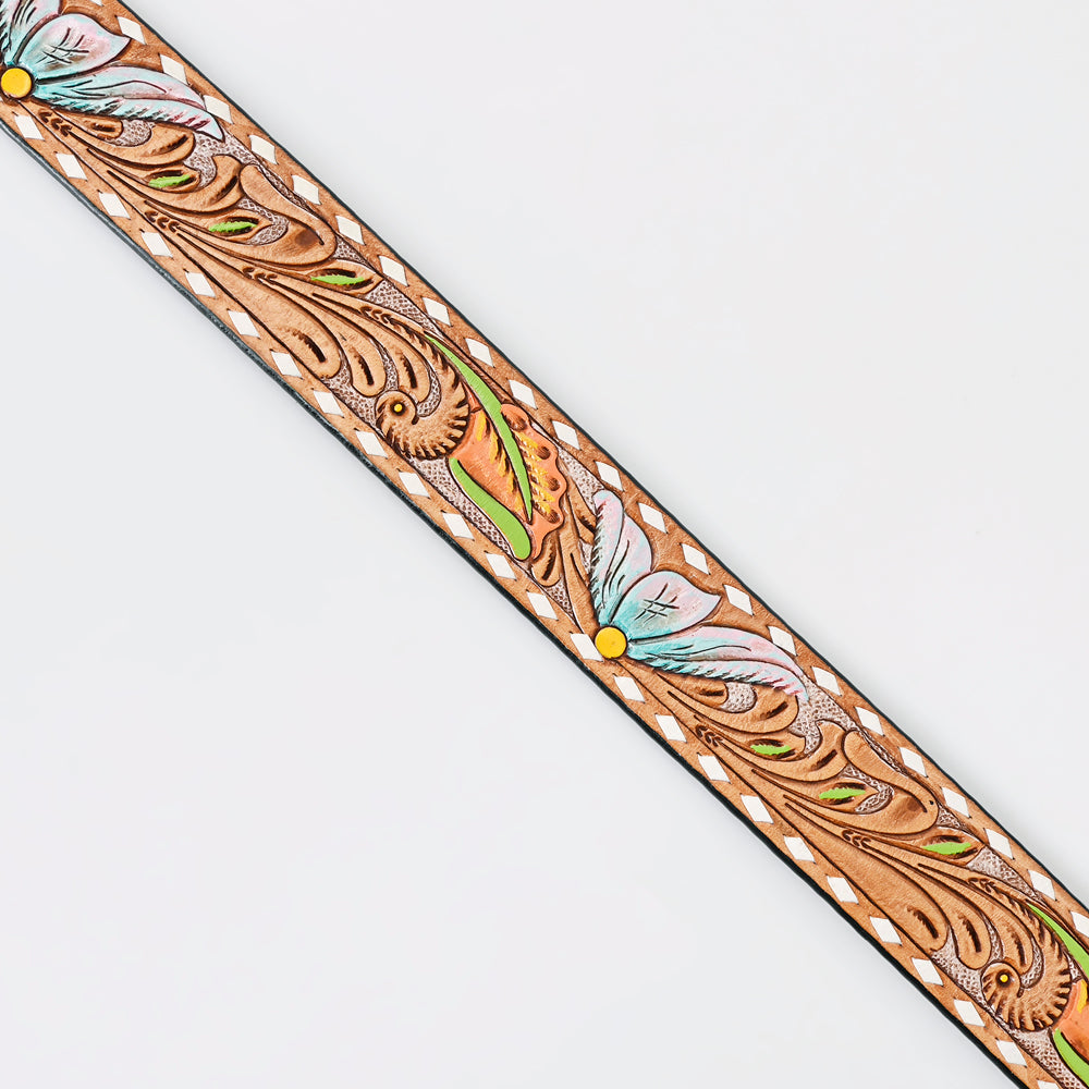 LC-ADBLF159 Tooled Leather Western Belt - Pastel Blue & Pink Floral Design