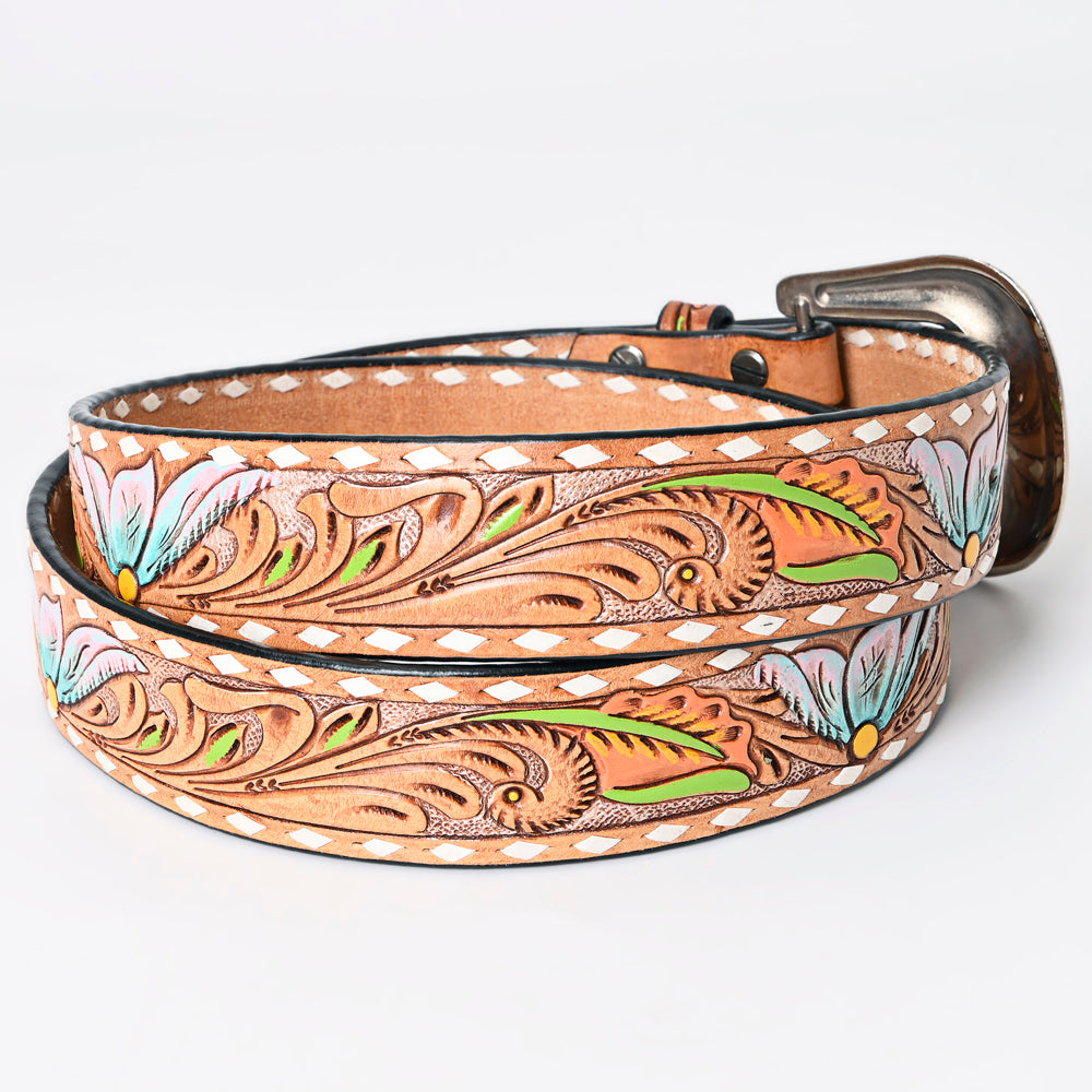 LC-ADBLF159 Tooled Leather Western Belt - Pastel Blue & Pink Floral Design