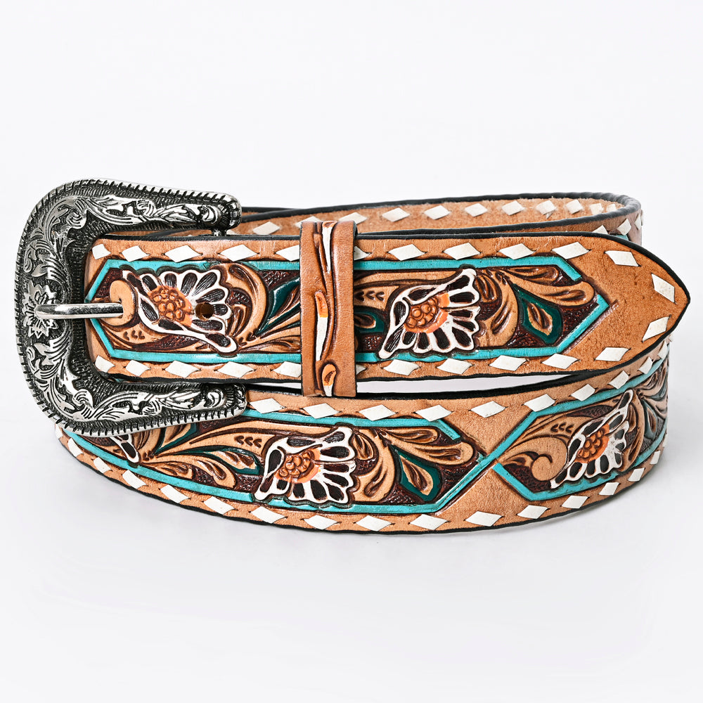 LC-ADBLF161 Tooled Leather Belt - White Daisy Floral with Teal Diamond Accents