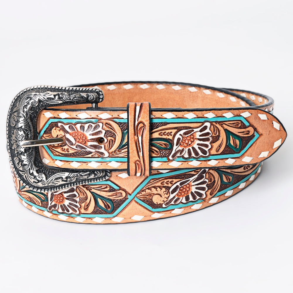 LC-ADBLF161 Tooled Leather Belt - White Daisy Floral with Teal Diamond Accents