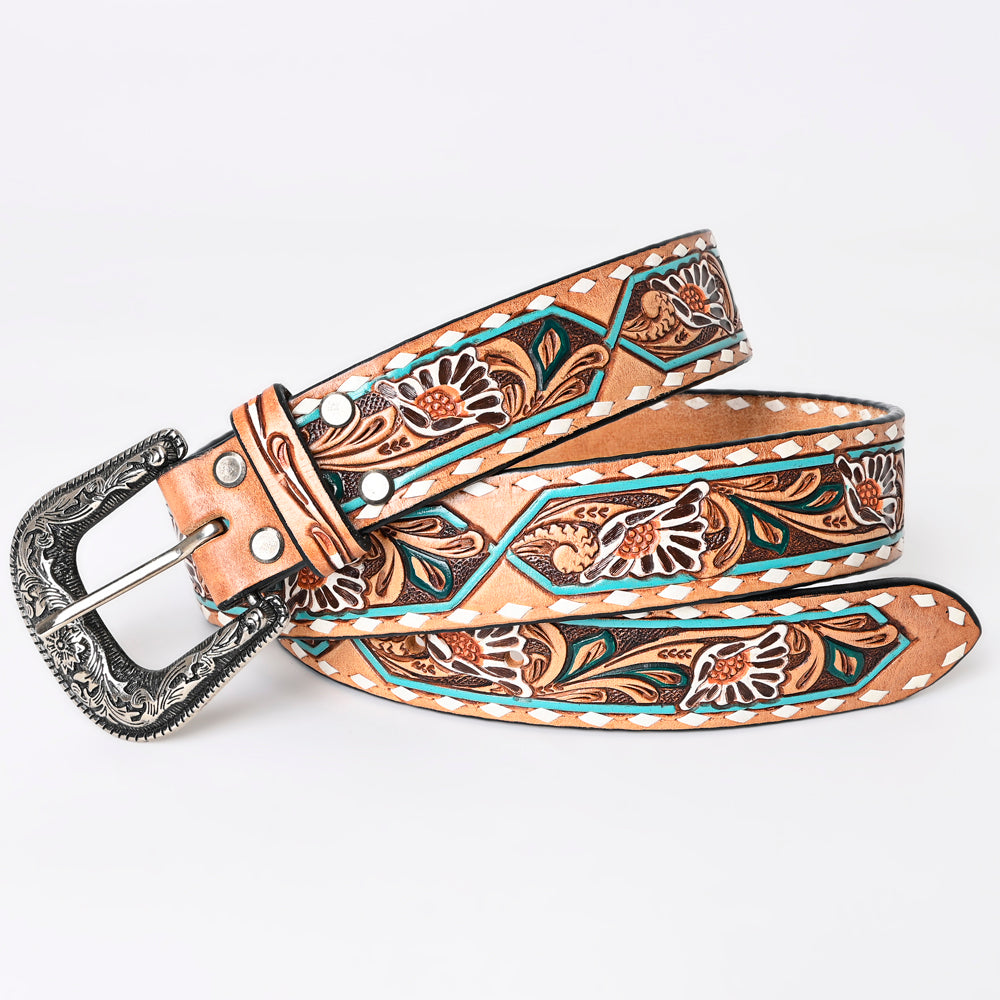 LC-ADBLF161 Tooled Leather Belt - White Daisy Floral with Teal Diamond Accents
