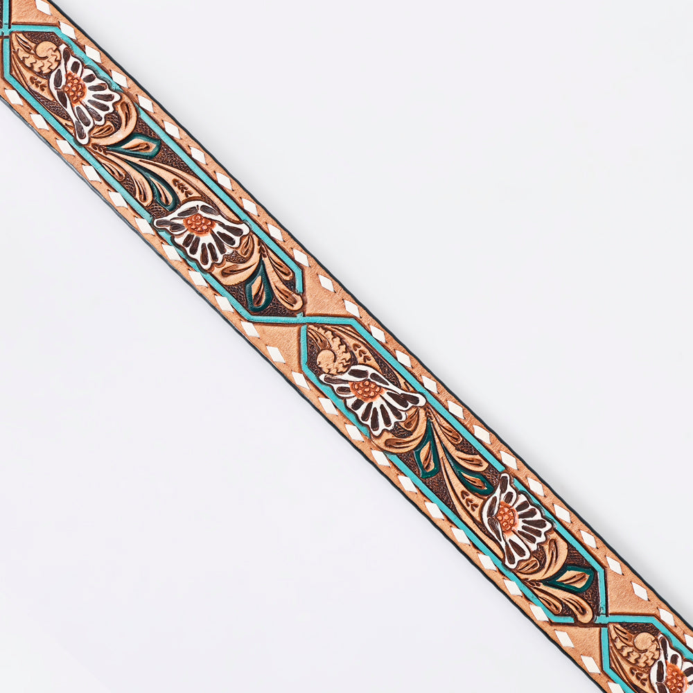 LC-ADBLF161 Tooled Leather Belt - White Daisy Floral with Teal Diamond Accents