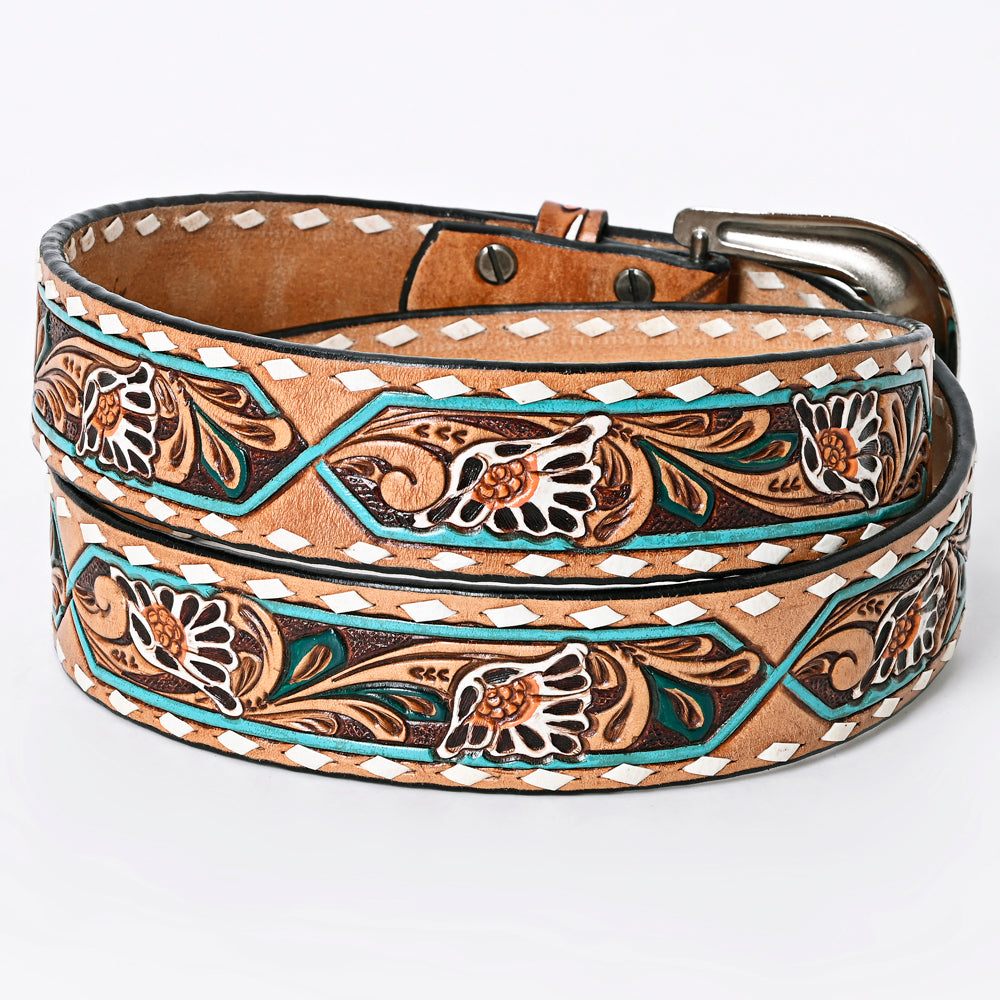 LC-ADBLF161 Tooled Leather Belt - White Daisy Floral with Teal Diamond Accents