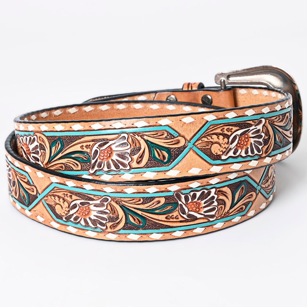 LC-ADBLF161 Tooled Leather Belt - White Daisy Floral with Teal Diamond Accents