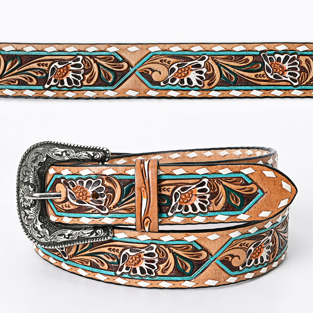 LC-ADBLF161 Tooled Leather Belt - White Daisy Floral with Teal Diamond Accents