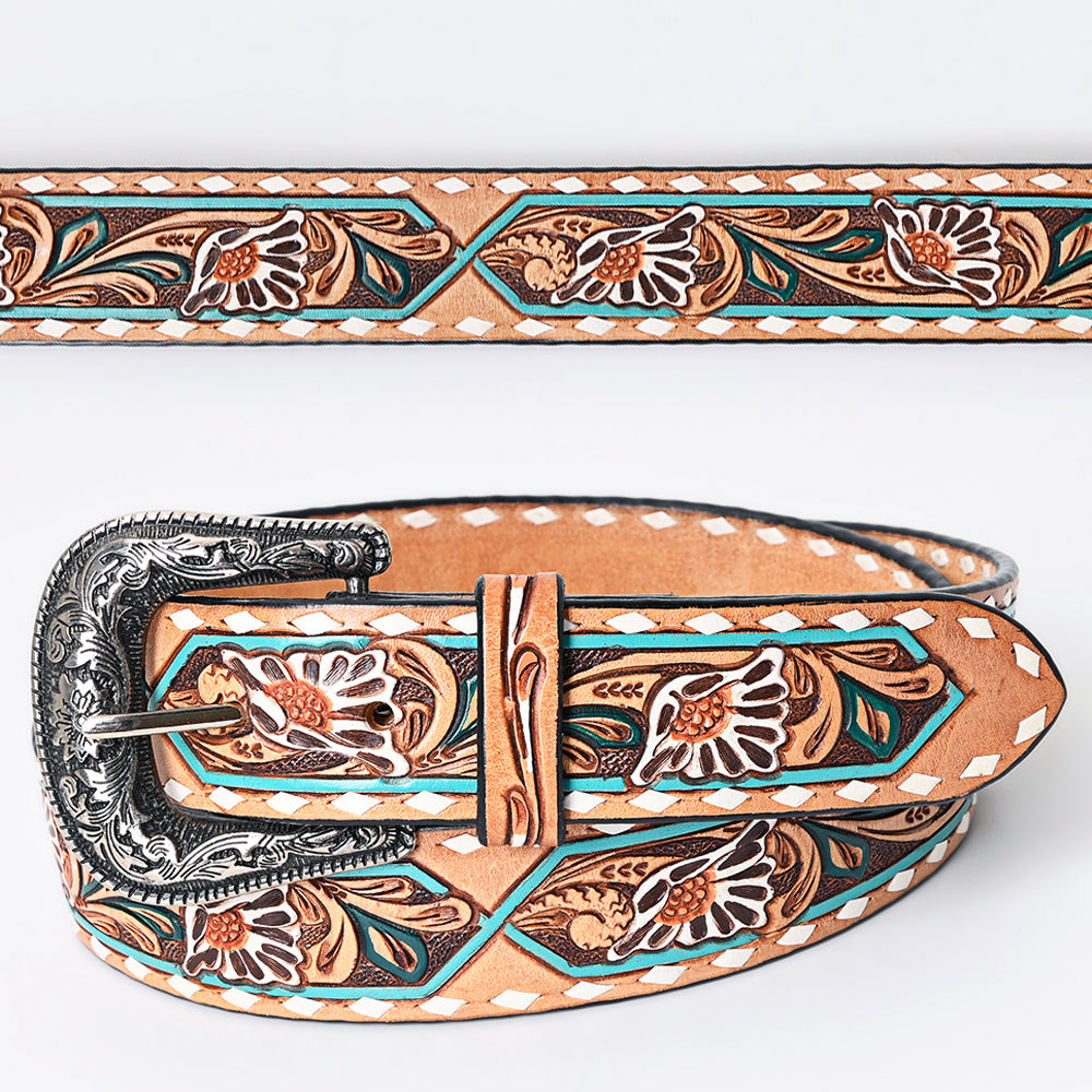LC-ADBLF161 Tooled Leather Belt - White Daisy Floral with Teal Diamond Accents
