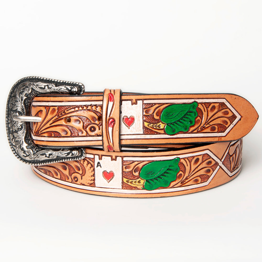 LC-ADBLF162 Tooled Leather Western Belt - Ace of Hearts & Green Leaf Design
