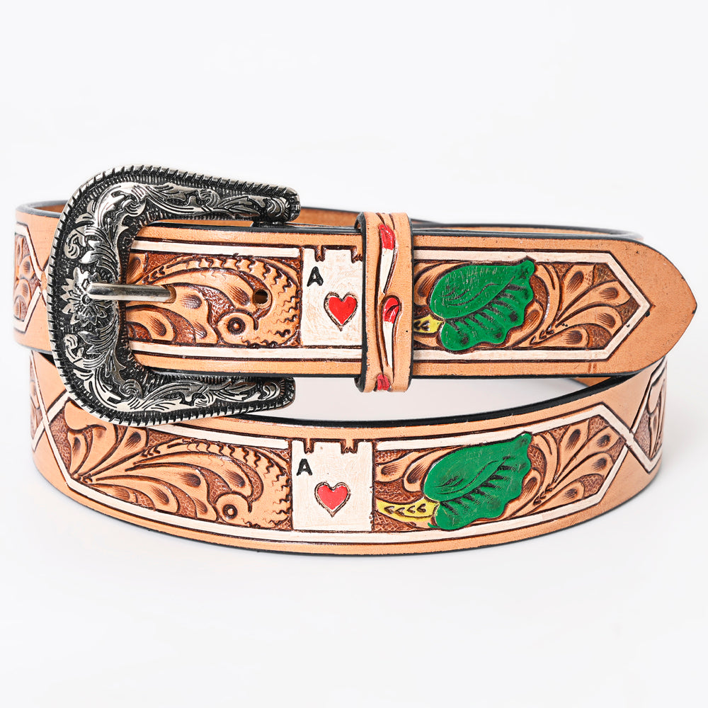 LC-ADBLF162 Tooled Leather Western Belt - Ace of Hearts & Green Leaf Design