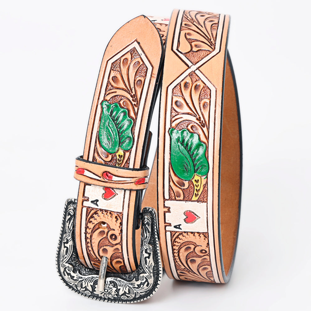 LC-ADBLF162 Tooled Leather Western Belt - Ace of Hearts & Green Leaf Design