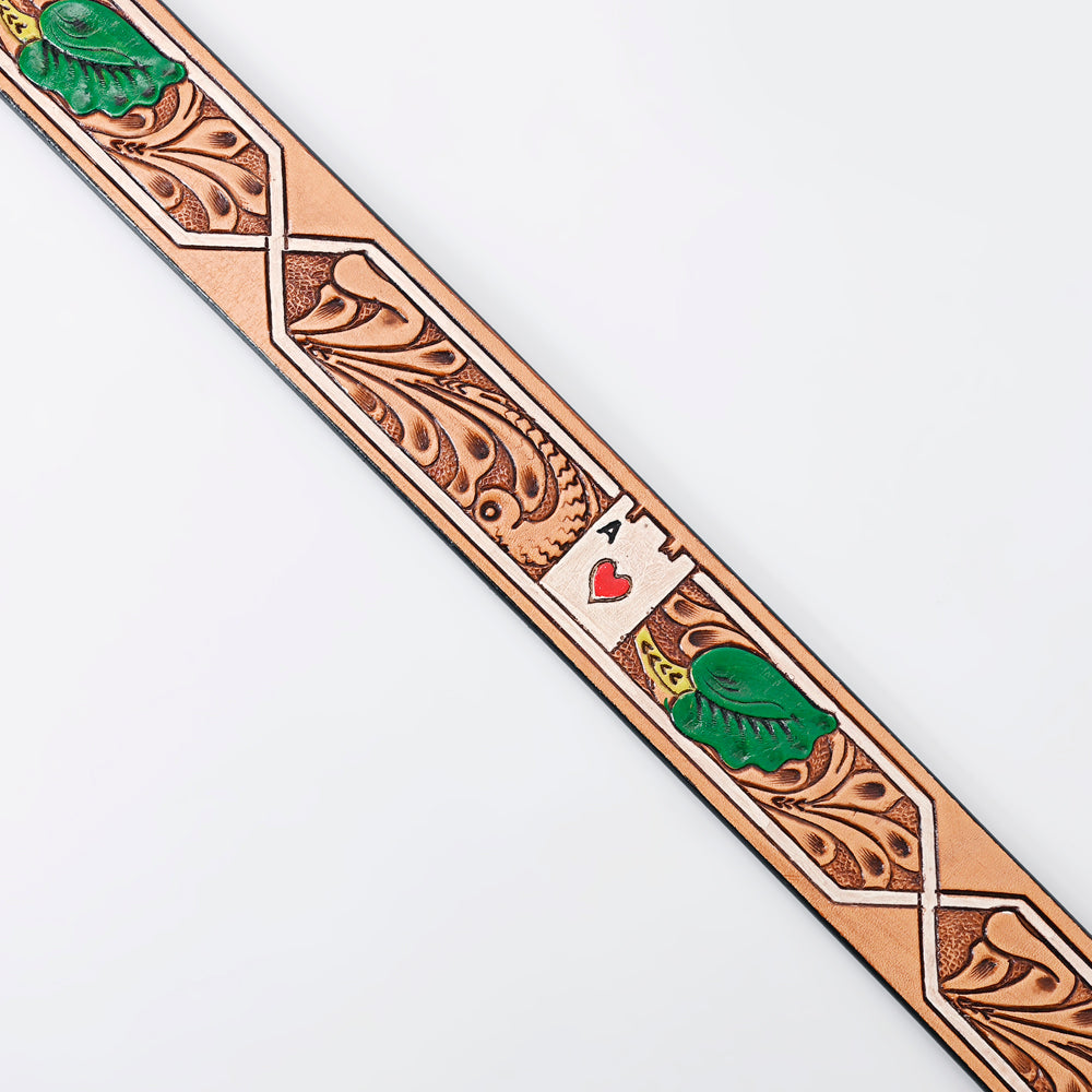 LC-ADBLF162 Tooled Leather Western Belt - Ace of Hearts & Green Leaf Design