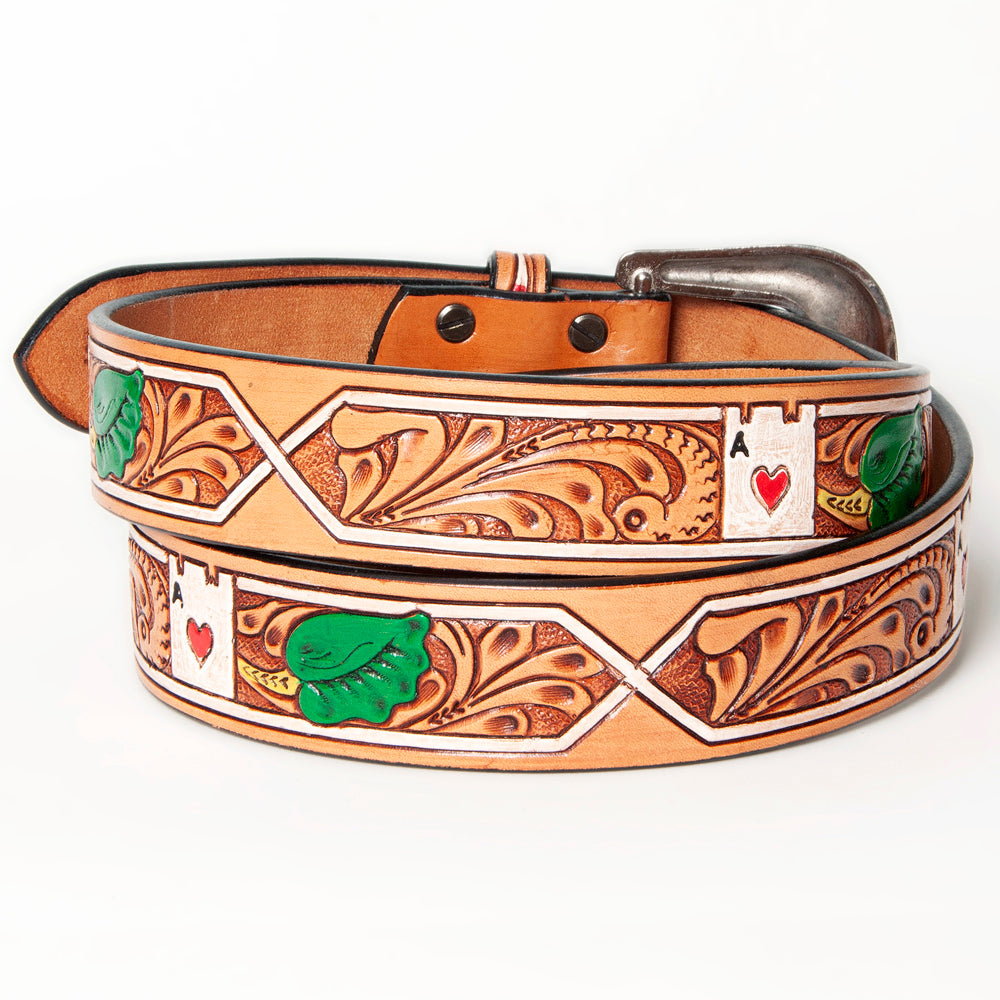 LC-ADBLF162 Tooled Leather Western Belt - Ace of Hearts & Green Leaf Design