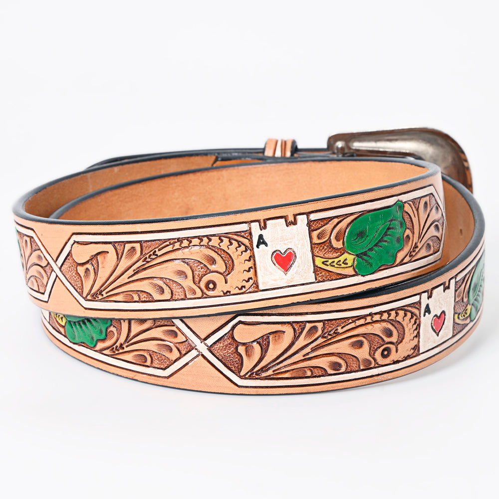 LC-ADBLF162 Tooled Leather Western Belt - Ace of Hearts & Green Leaf Design