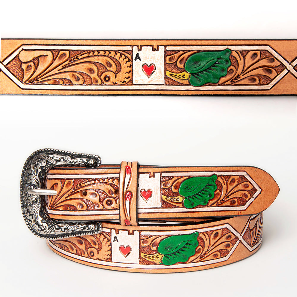 LC-ADBLF162 Tooled Leather Western Belt - Ace of Hearts & Green Leaf Design