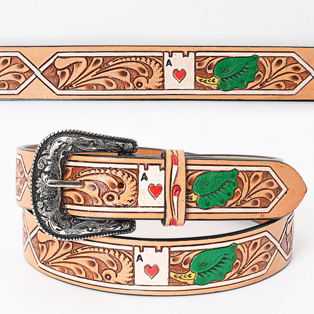 LC-ADBLF162 Tooled Leather Western Belt - Ace of Hearts & Green Leaf Design