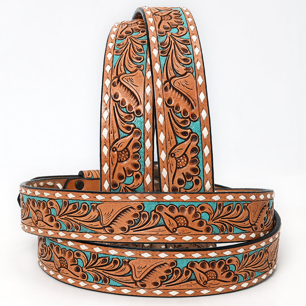 ADBLF174 Western Handtooled Leather Belt - Turquoise Floral Carving with Matching Buckle