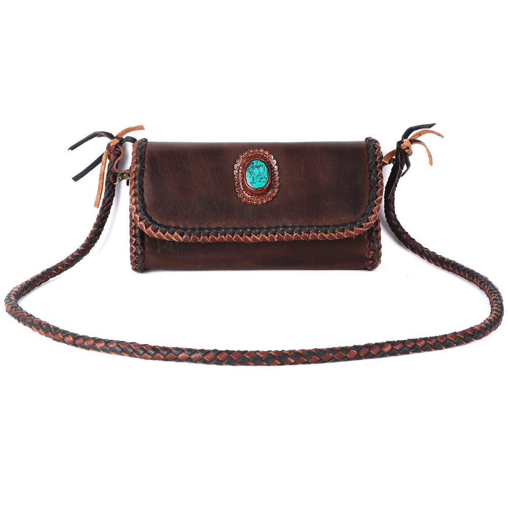 ADBGM267 Mini Western Leather Wallet - Braided Edge & Turquoise Concho