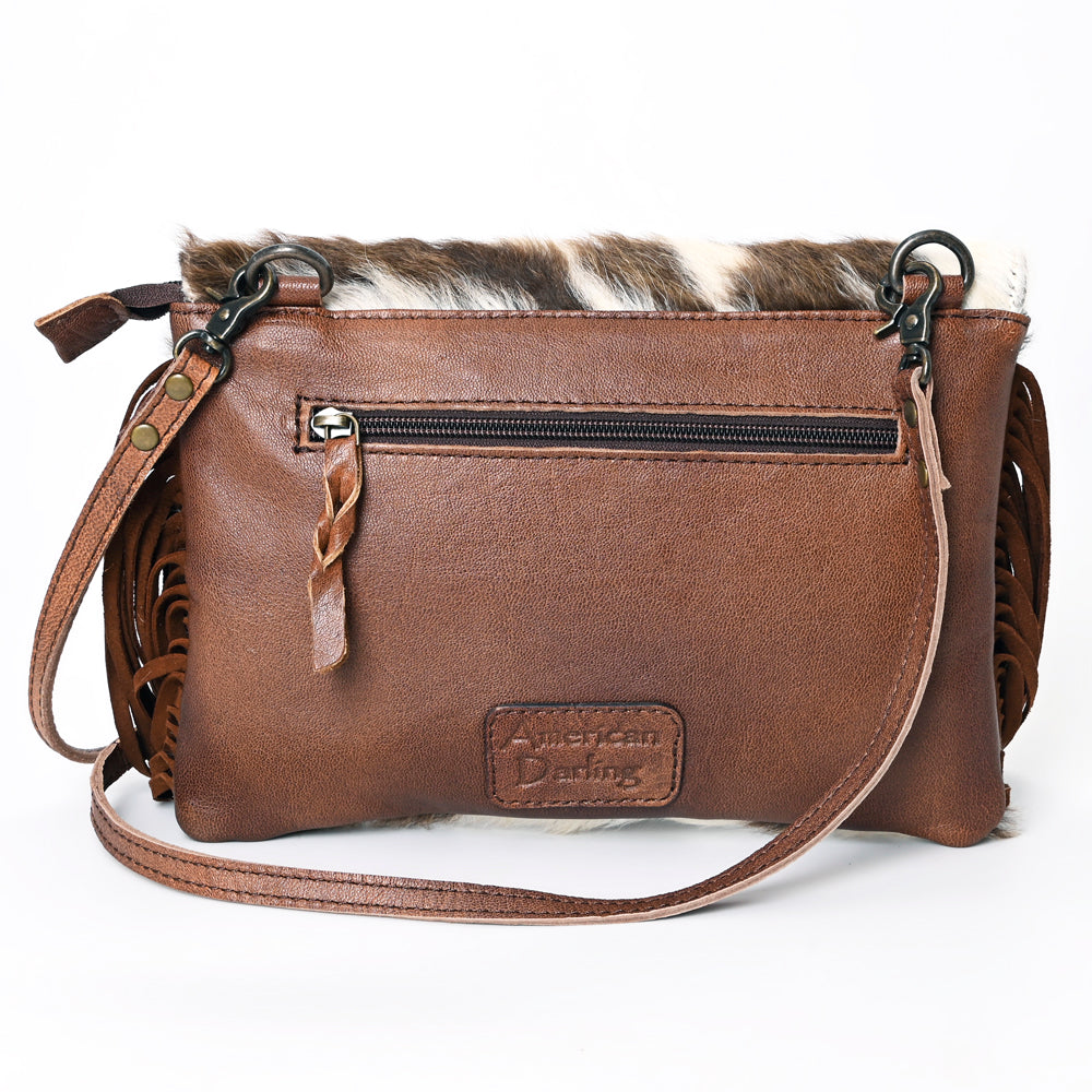 ADBG360 Hair-On Cowhide Crossbody Bag with Fringe and Tooled Leather Flap - Handmade Western Purse