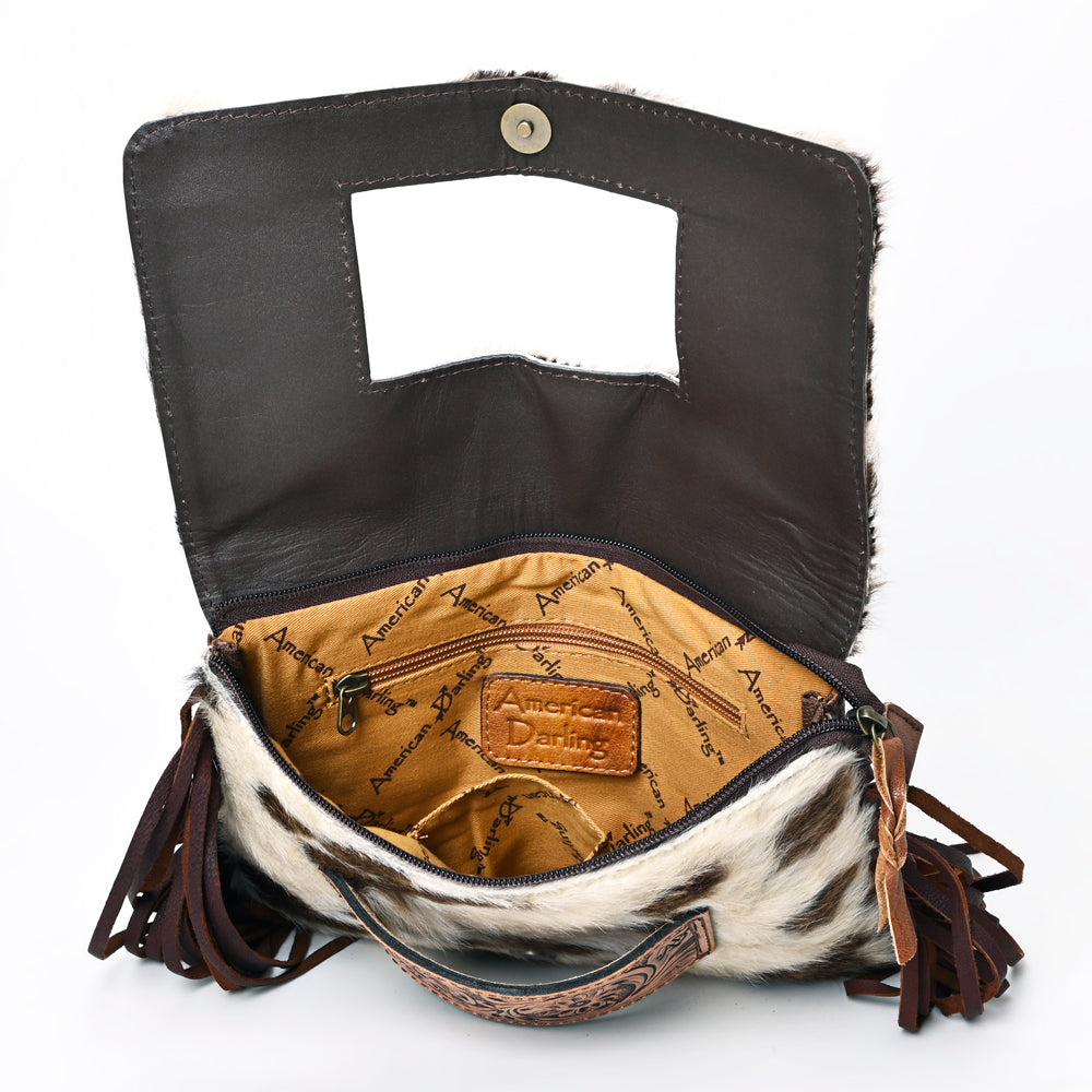 ADBG360 Hair-On Cowhide Crossbody Bag with Fringe and Tooled Leather Flap - Handmade Western Purse