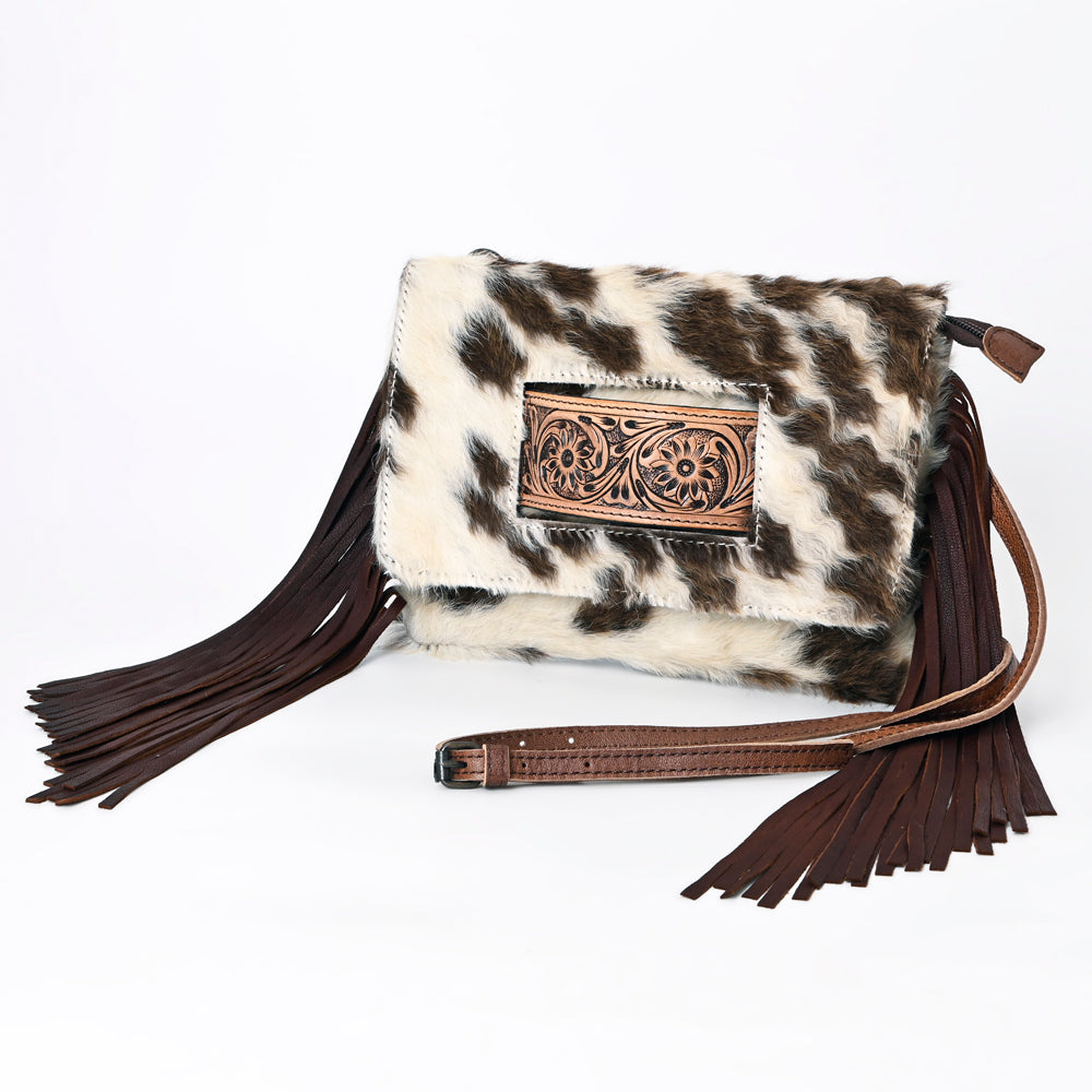 ADBG360 Hair-On Cowhide Crossbody Bag with Fringe and Tooled Leather Flap - Handmade Western Purse