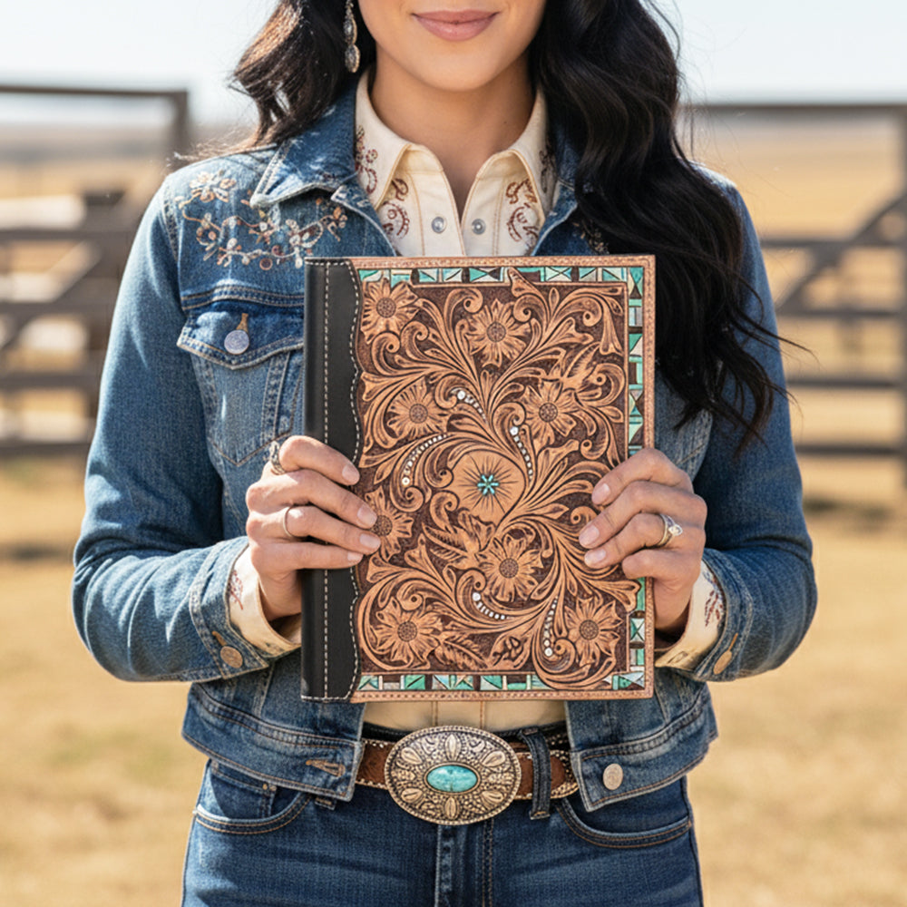 ADBG1196 American Darling Western Hand Tooled Leather Portfolio Bag Genuine Leather