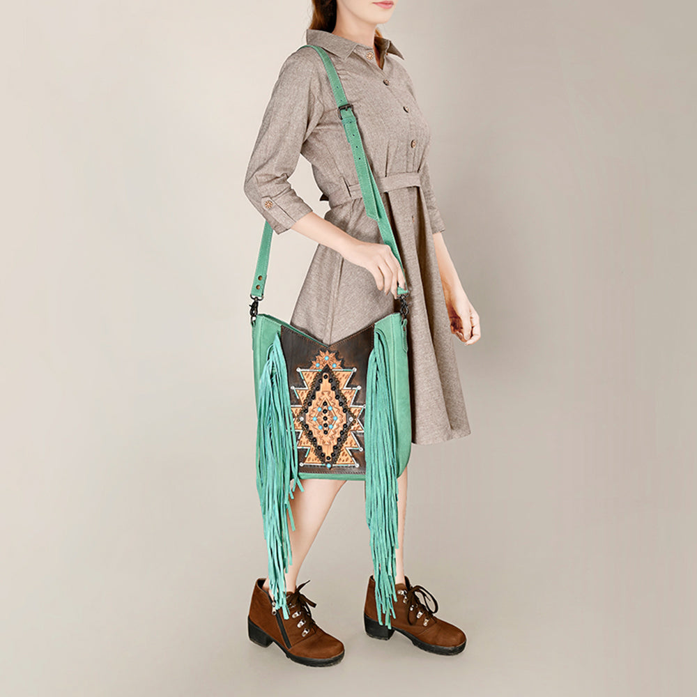 ADBG1199 American Darling Western Hand Tooled Leather Fringe Crossbody Bag