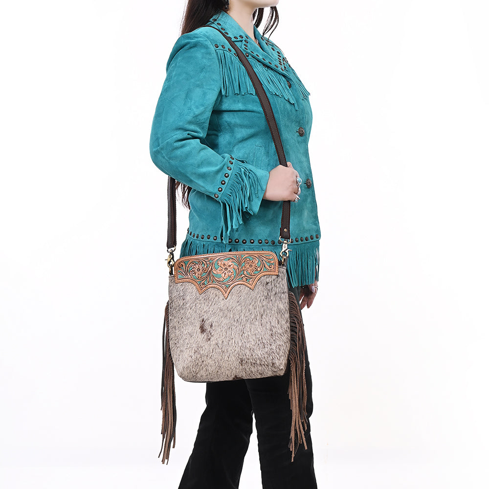 SKBA116 Large Crossbody Hand Tooled Saddle Leather and Upcycled Canvas Ladies Bag 13.5x12.5   KBA