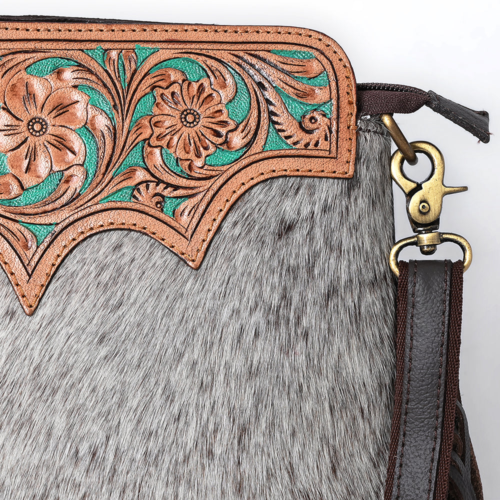 SKBA116 Large Crossbody Hand Tooled Saddle Leather and Upcycled Canvas Ladies Bag 13.5x12.5   KBA