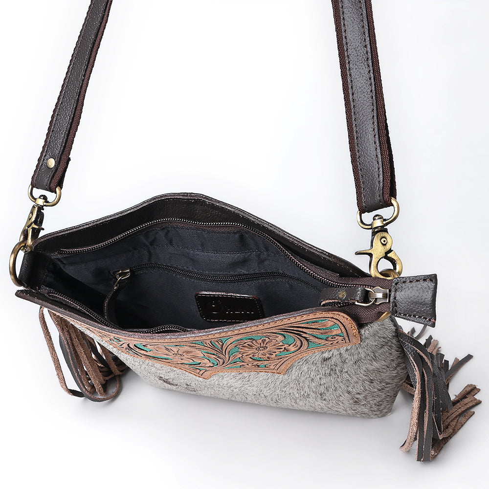 SKBA116 Large Crossbody Hand Tooled Saddle Leather and Upcycled Canvas Ladies Bag 13.5x12.5   KBA